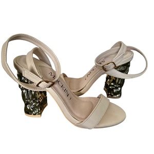 Mackin J Gold Heels Chunky Heel Ankle Strap Sandals Open Toe Block Heel Size 5.5
